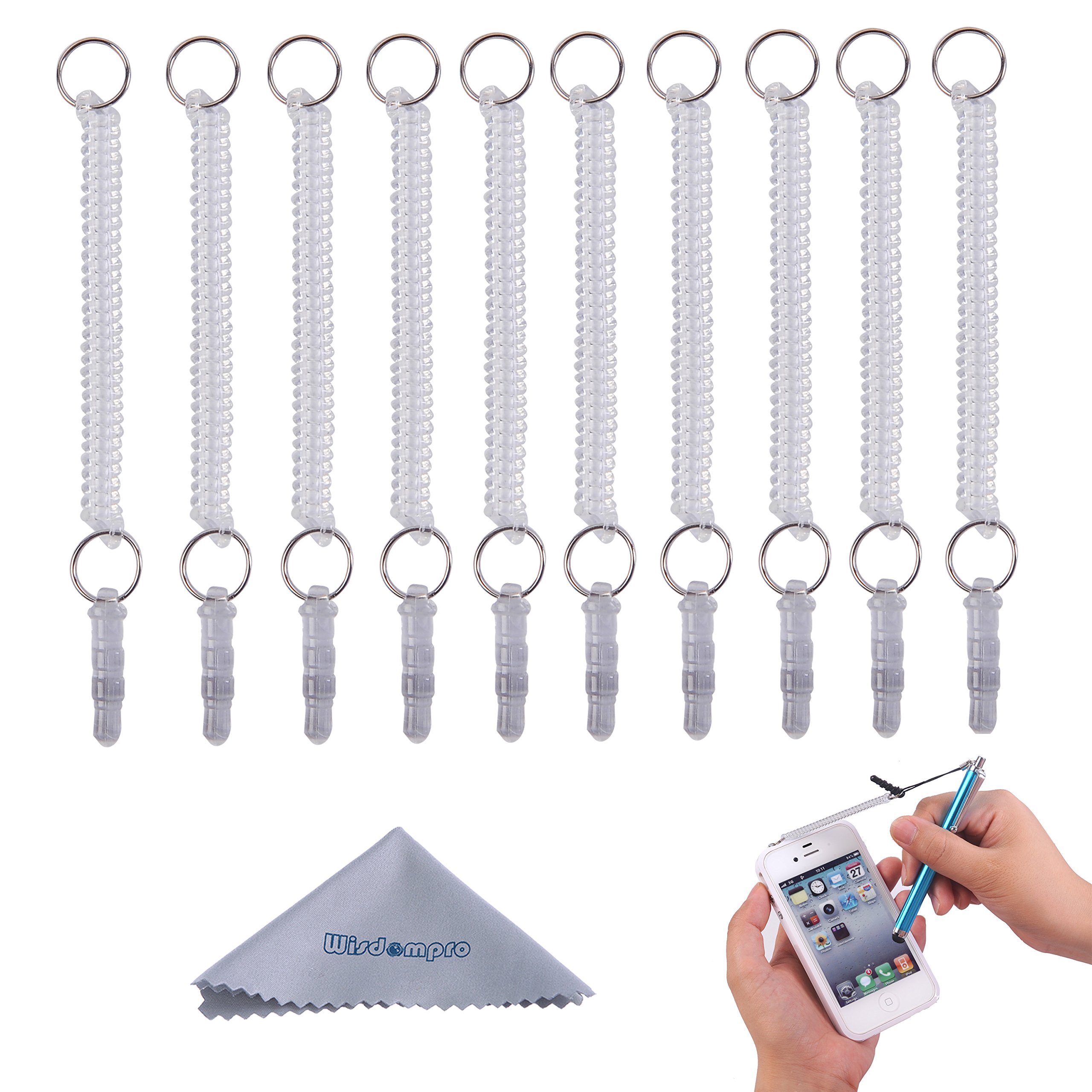 Wisdompro Stylus Tether, 10 Pack of Detachable Elastic Coil Tether Strings Lanyards with 3.5mm earphone jack for Stylus Pens - Clear