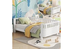 HUMEHA Twin Size Kids Bed Montessori Daybed with Safety Rails and Headboard, Low Profile Wood Platform Twin Bed Frame with Slats for Kids Boys Girls Bedroom, No Spring Box Required, Twin White