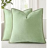 decorUhome Spring Chenille Soft Cozy Throw Pillow Covers 18x18 Set of 2, Modern Farmhouse Boho Velvet Decorative Pillow Cases with Stitched Edge for Couch Sofa Bed Home Decor, Sage Green