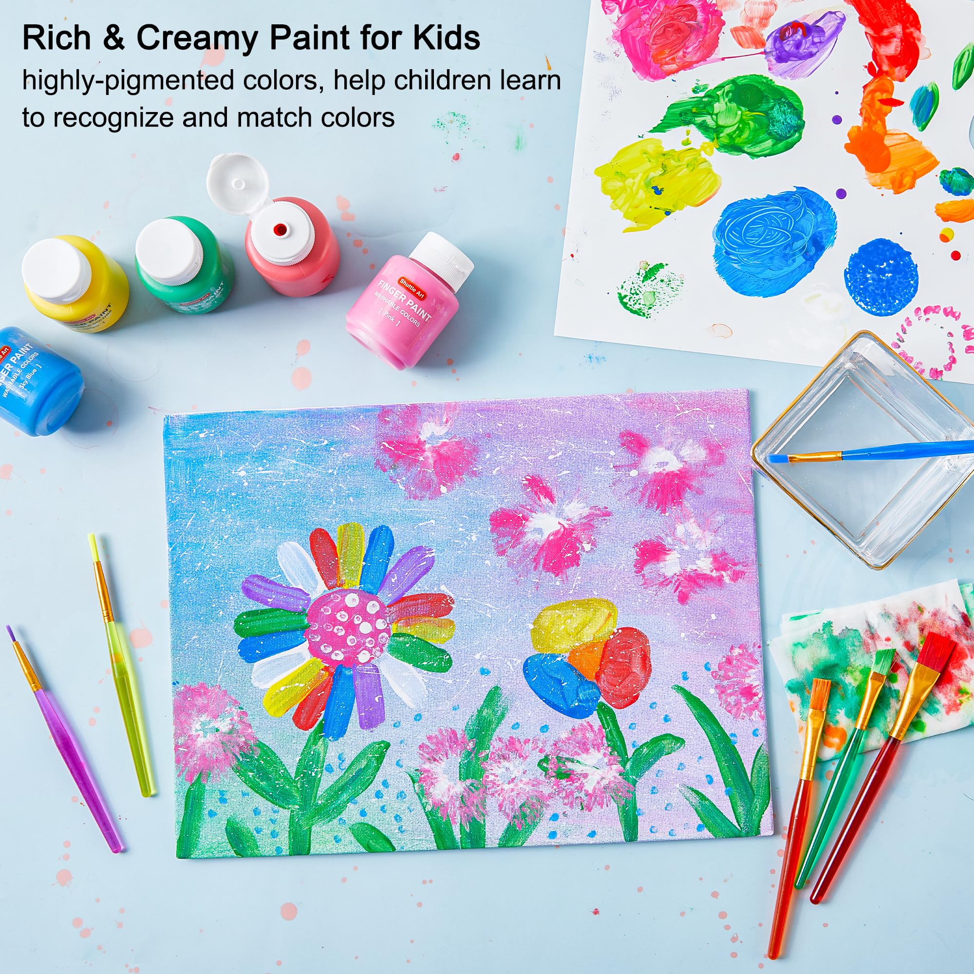 Shuttle Art Washable Kids Paint Set - 46 Pack with 14 Colors (60ml), Brushes, Finger Paint Pad, Sponge, Palette, Smock, Non-Toxic for Toddlers