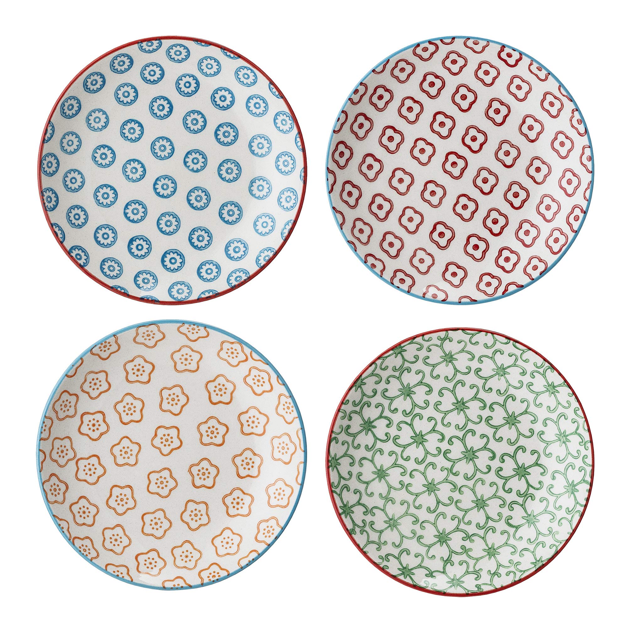 Bloomingville Ceramic 4.5'' Plates Emma - Saucer, for Cake, Breakfast Size ø 13 cm Set of 4 Styles, Stoneware, blue red orange green