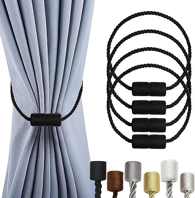 OCIOLI 4 Pack Magnetic Curtain Tiebacks with Braided Rope Black