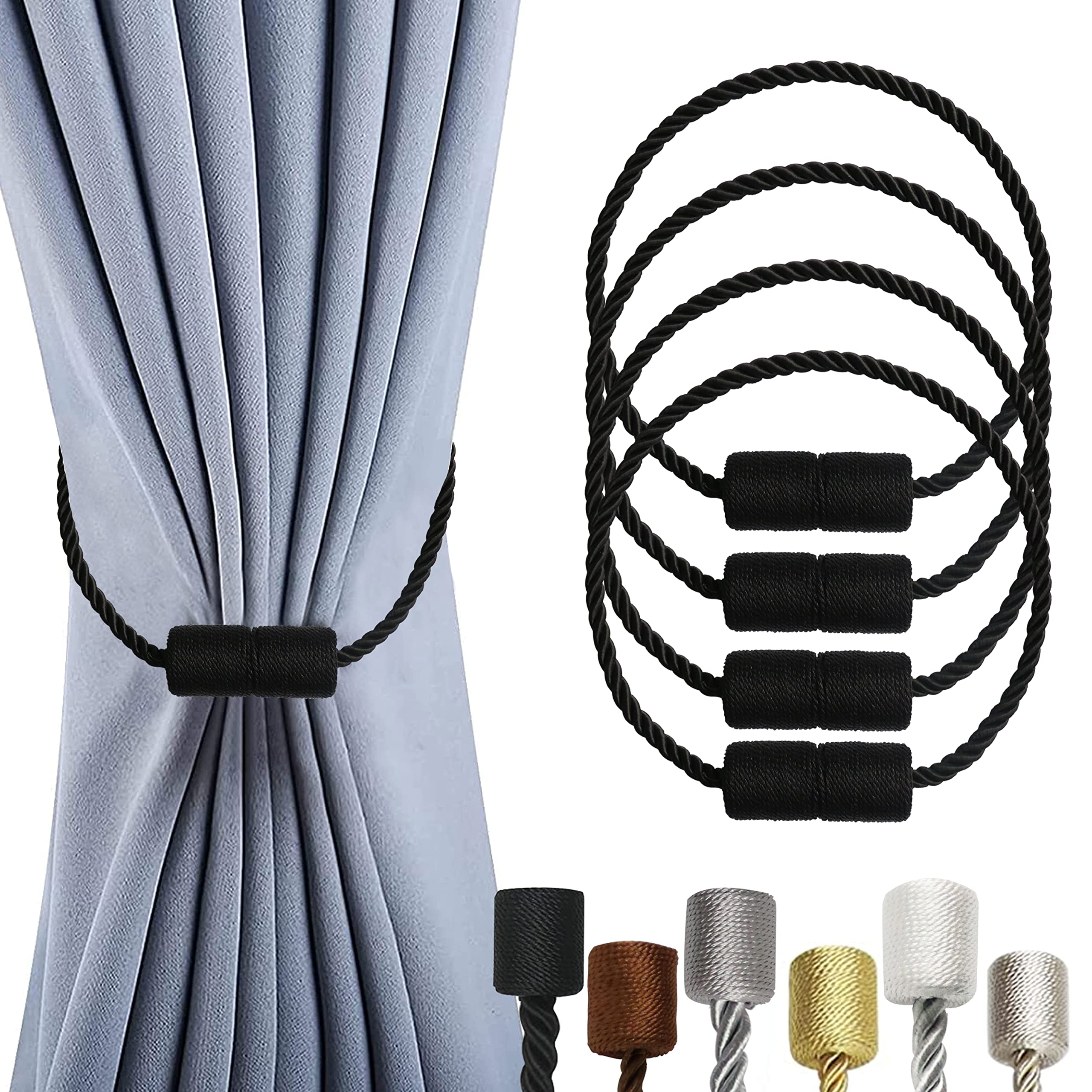 OCIOLI 4 Pack Magnetic Curtain Tiebacks Curtain Holdbacks Curtain Ties with Thicker Twist Rope & Strong Magnet Tie Backs for Curtains (Black, 4)