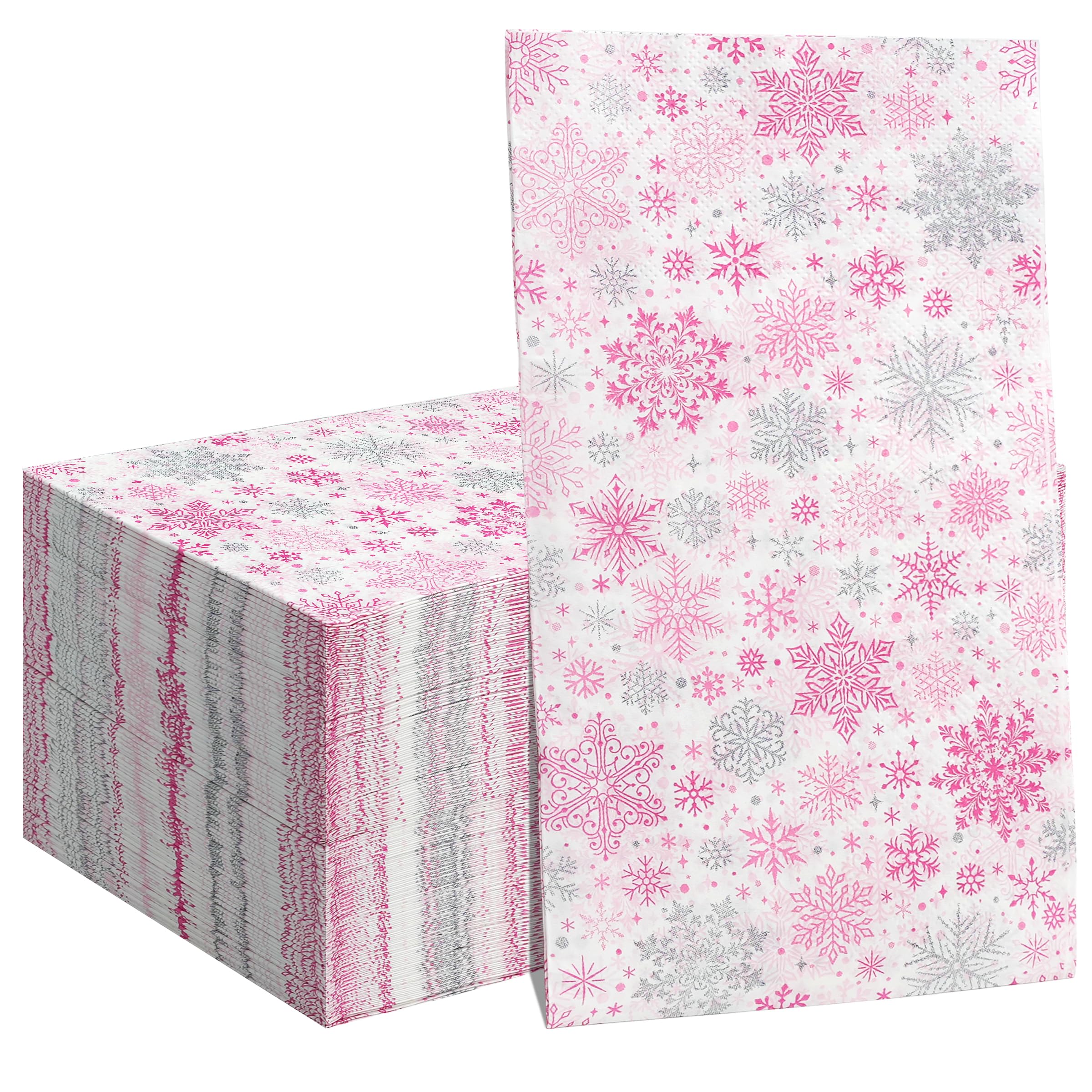 Photo 1 of 100 Pcs Christmas Paper Napkins, Snowflake Paper Napkins Watercolor Guest Napkins Snowflake Decorative Paper Guest for Winter Festive and Christmas Decoration (Pink)