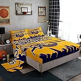 Manfei Basketball Bed Sheet Queen Size,Basketball Athlete Modern Sports Yellow Purple Sheets,American City Silhouette Los Angeles Deep Pocket Bedding Sets (1 Fitted,1 Flat,2 Pillowcases)