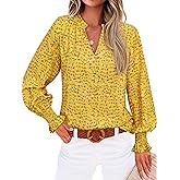 MASCOMODA Womens V Neck Floral Long Sleeve Tops 2026 Summer Casual Loose Puff Sleeve Chiffon Boho Work Blouse Dressy T Shirts