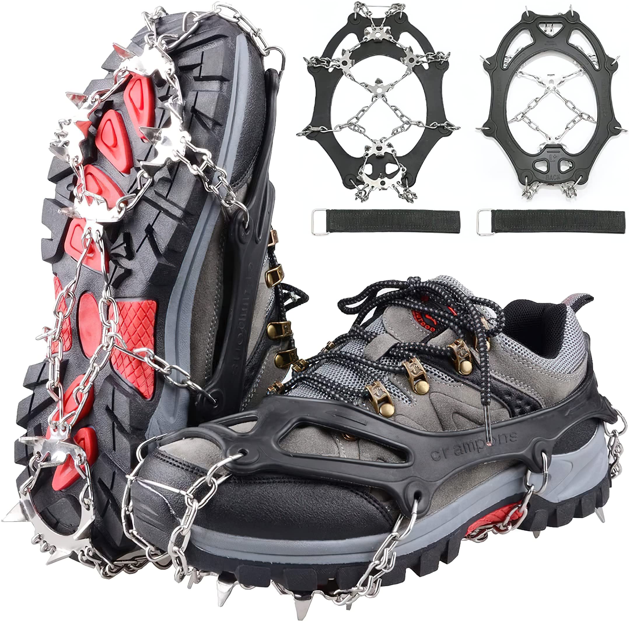 Piscorush 24 Spikes crampons Ice Cleats Traction Snow Grips Boot Chains Women Men Kids for Hiking Shoes and Boots Steel Anti Slip Hiking Fishing Walking Mountaineering (Black, Large)