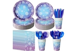 ZACHELY Winter Snowflake Paper Plates and Napkins Set, Blue and Purple Snowflake Winter Wonderland Disposable Tableware for Christmas Winter Holiday New Year Birthday Party Supplies Decorations, Serve 25