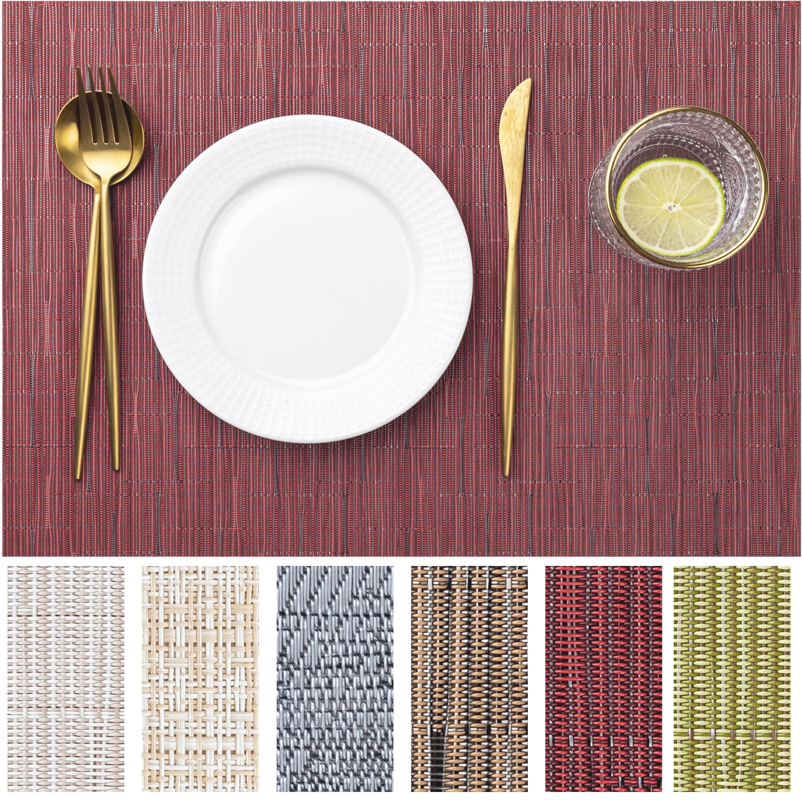 LEXMORE Placemats Set of 12 Vinyl/Plastic Woven Place Mats for Kitchen Table Indoor/Outdoor Washable Placemat Wipeable Dining Table Mats(Burgundy) Image LEXMORE Placemats Set of 12 Vinyl/Plastic Woven Place Mats for Kitchen Table Indoor/Outdoor Washable Placemat Wipeable Dining Table Mats(Burgundy) Image