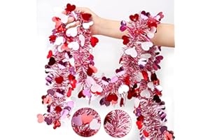 HIPYGYM 50FT Valentines Day Garland Valentines Day Decor Red Pink White Heart Tinsel Garland Metallic Glitter Hanging Garland Valentines Decorations for Home Mantel Indoor Wedding Galentines Party Decorations