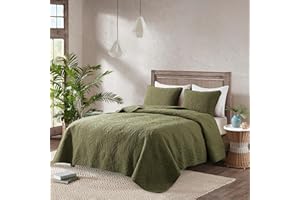 ROARINGWILD Boho Green Queen Size Quilt Bedding Sets with Pillow Shams, Olive Lightweight Soft Bedspread Coverlet, Thin Comforter Bed Cover, All Season, 3 Pieces, 90x90 inches