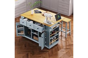 Yayzy Rolling Kitchen Island with 2 Bar Stools, Drop Leaf & Power Outlet, Large Kitchen Islands Cart on Wheels, Movable Kitchen Island with 5 Open Shelves & Towel Rack for Dining Room, 53″, Grey Blue