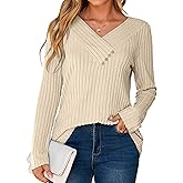 Glamaker Women's Fall Long Sleeve V Neck Tunic Tops Lightweight Button Casual Soft Loose Blouse Sweatshirts