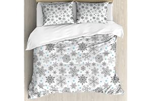 Ambesonne Snowflake Duvet Cover Set, Lace Style Arrangement of Snowflakes Winter Season Christmas Illustration, Decorative 3 Piece Bedding Set with 2 Pillow Shams, King Size, Blue Black White