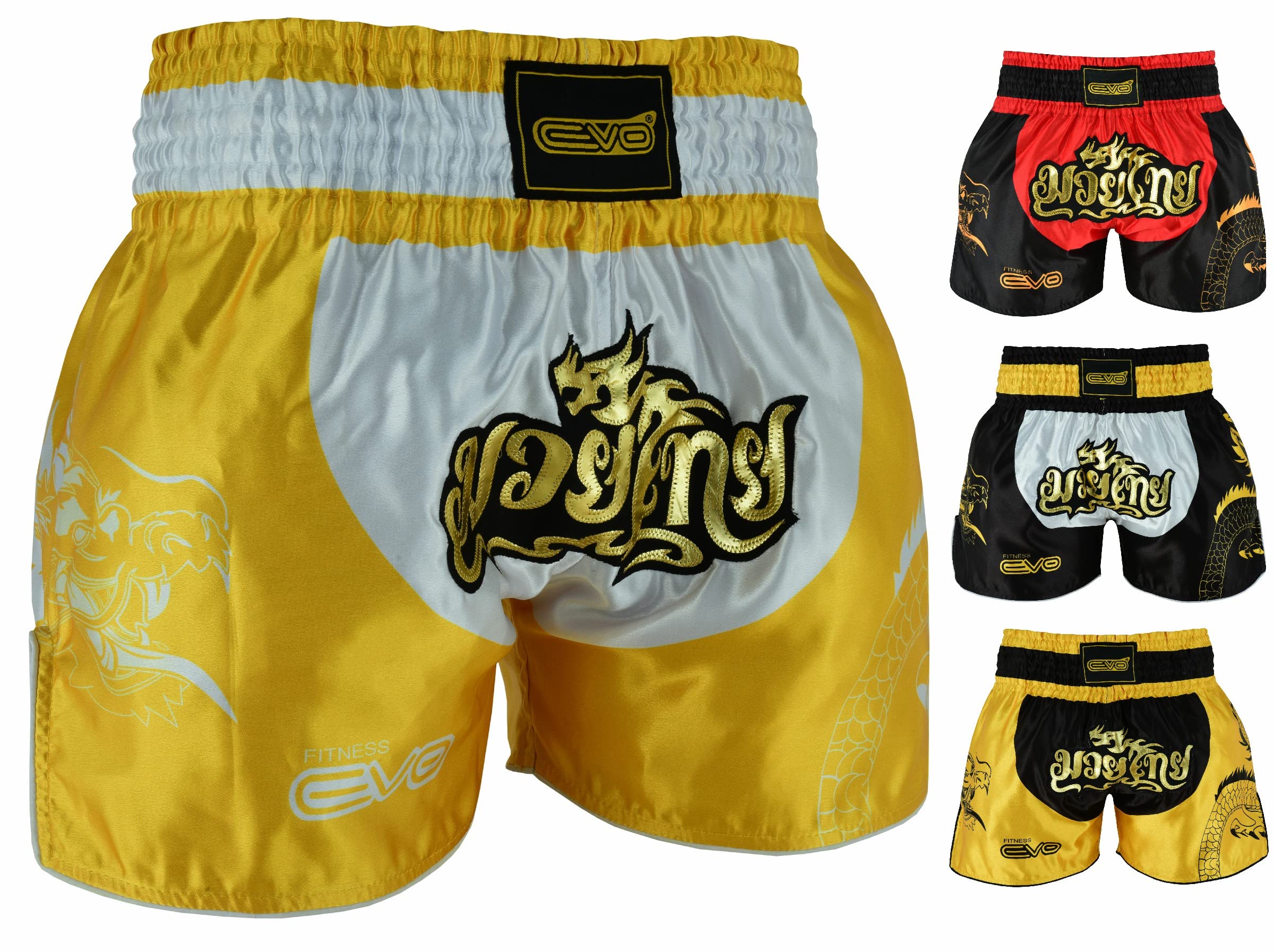 EVO Fitness Muay Thai Shorts MMA Martial Arts Grappling Kick Boxing UFC Cage Fighting Gym Training Men Women Clothing Gear (Small, White/Golden)
