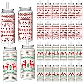 Romooa 24 Pack Winter Reusable Cups Bulk 13.5 oz Plastic Cups with Lids and Straws Winter Drinking Holiday Set Reusable Party Coffee Jar Water Bottles for Party Drinks