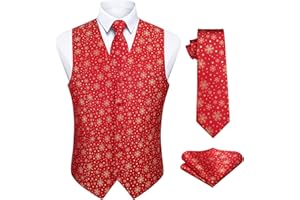 Enlision Mens Christmas Suit Vest Xmas Holiday Tree Snowflake Vest Tie Pocket Square Set Jacquard Waistcoat Party