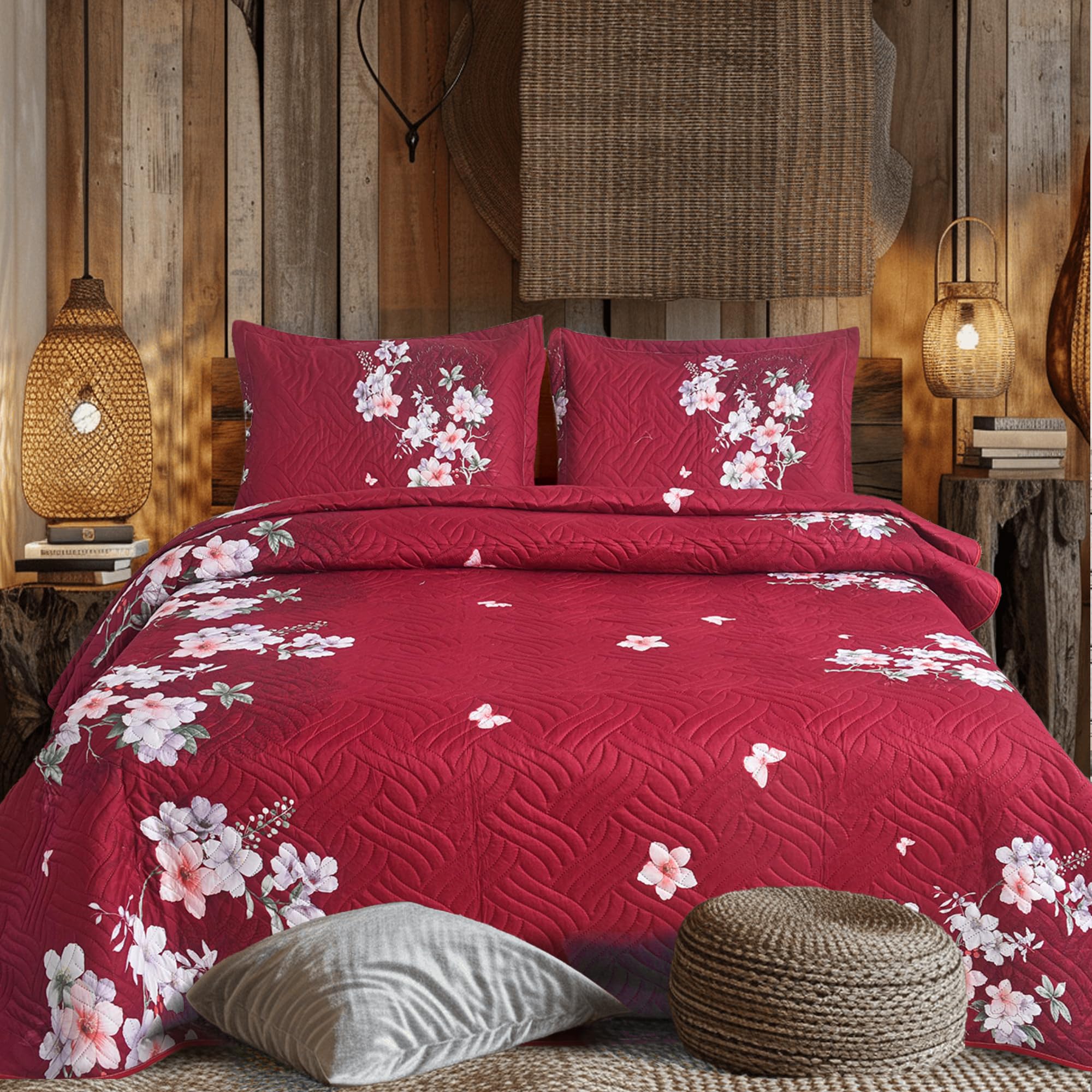 Hadi London 3Pcs Patchwork Quilted Bedspreads with 2 Shams | Reversible Floral Print | Lightweight Quilt Comfort | Fits Double and King Size Beds 220x240cm | 30 Unique Designs (MILAN-103)