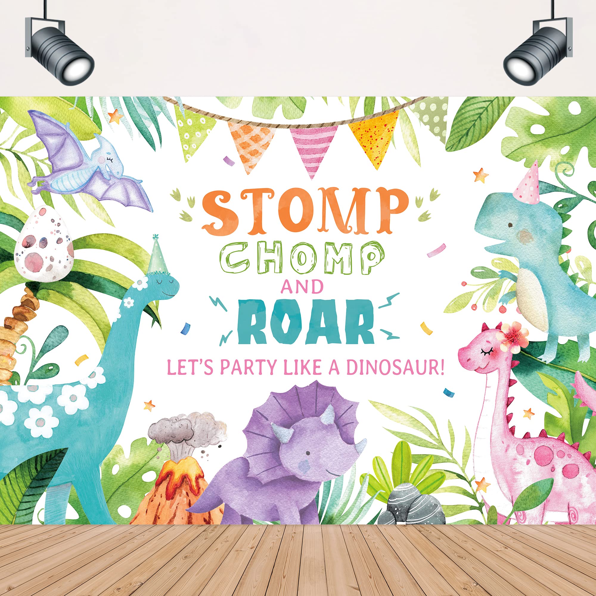 Photo 1 of LIGHTINHOME Cartoon Dinosaur Backdrop 7Wx5H Feet Watercolor Cute Dino Tropical Jungle Kids Birthday Baby Shower Party Photography Background Decorations Photo Booth Studio Prop Fabric