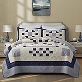HUANXULISI King Size Quilt 100% Cotton - California King Bedspread 118" x 102"Patchwork Reversible Geometric Plaid Floral Farmhouse Quilt, Navy Blue/Grey ﻿ | Reversible, Bedspreads, Fit All Seasons, Patchwork, King Bed