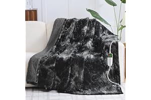 greenoak Heated Electric Blanket Throw, Faux Fur Sherpa Heating Blanket for Sofa Bed, Warm Winter Gifts for Women/Men, Heater Lap Blankets 5-Position Timer &10 Heating Levels 50''*60" Black