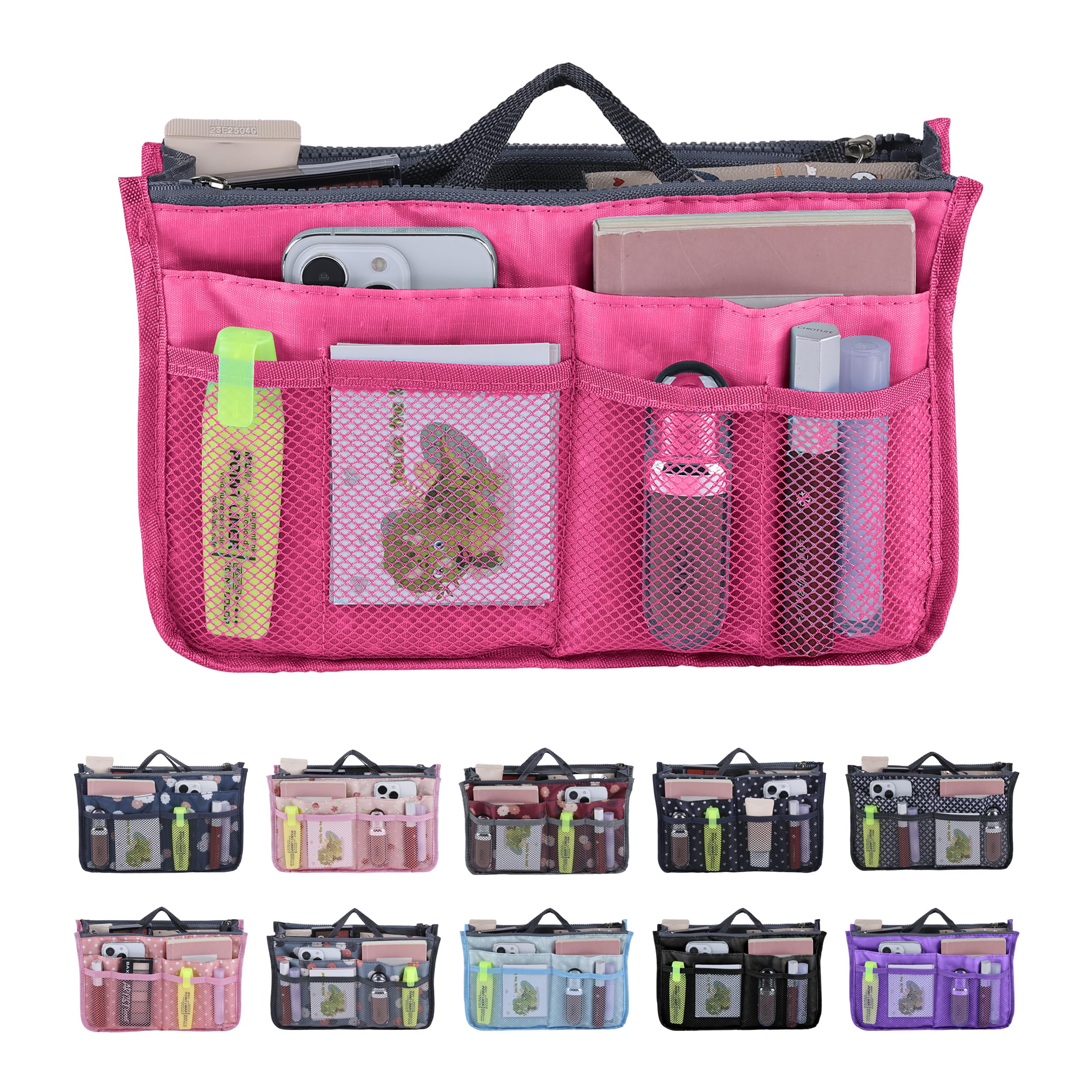 JJ PRIME - Multi-Compartment Handbag Insert | Expandable Liner Bag Pouch Zipper Closure | Tote Bag Organiser Insert 13 Pockets - with Easy Lifting Handle (Travel, Cosmetics, Toiletries), Rose Pink