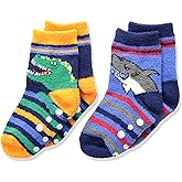 Jefferies Socks boys Dinosaur and Shark Fuzzy Non-skid Slipper Socks 2 Pair Pack
