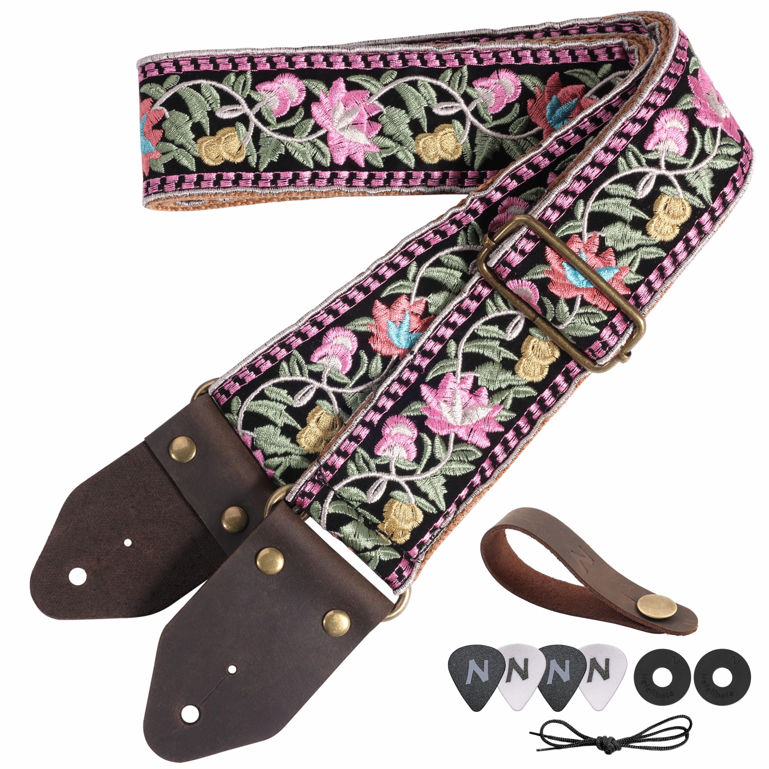 Nefelibata Guitar Strap,Jacquard Embroidery Cotton Guitar Straps with Crazy Horse Leather Ends for Bass, Electric & Acoustic, Best Gifts for Guitarists(Elegant Pink Flower Embroidery)