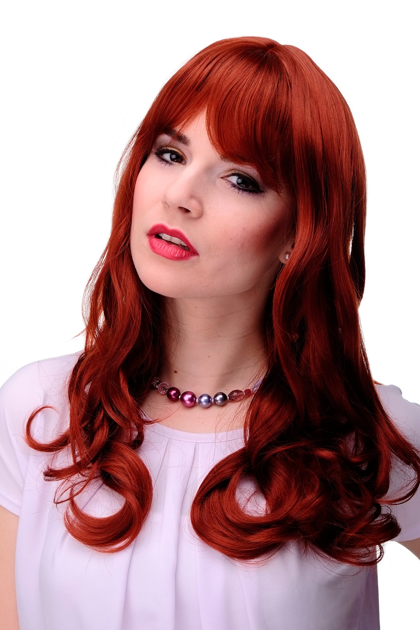 WIG ME UP 3001-350 Lady Quality Wig very long beautiful curling ends fringe bangs dark copper red approx 21inch