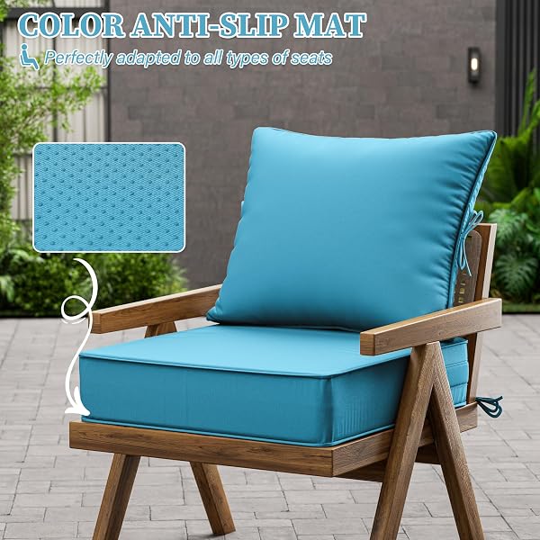KIMUNUK OUTDOOR SEAT CUSHION SET 22 L × 24 W × 5 H INCH WATERPROOF & FADE RESISTANT PATIO FURNITURE CUSHIONS WITH REMOVABLE COVER WITH HANDLE AND STRAPS FOR SOFA CHAIRS, CHAIRS, LAKE BLUE