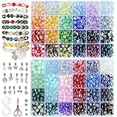 Rujiaoa 8mm Crackle Glass Beads for Bracelets, 1200PCS Adult Bracelet Making Kit with Elastic Cord & Charms, DIY Jewelry Gifts for Beginners