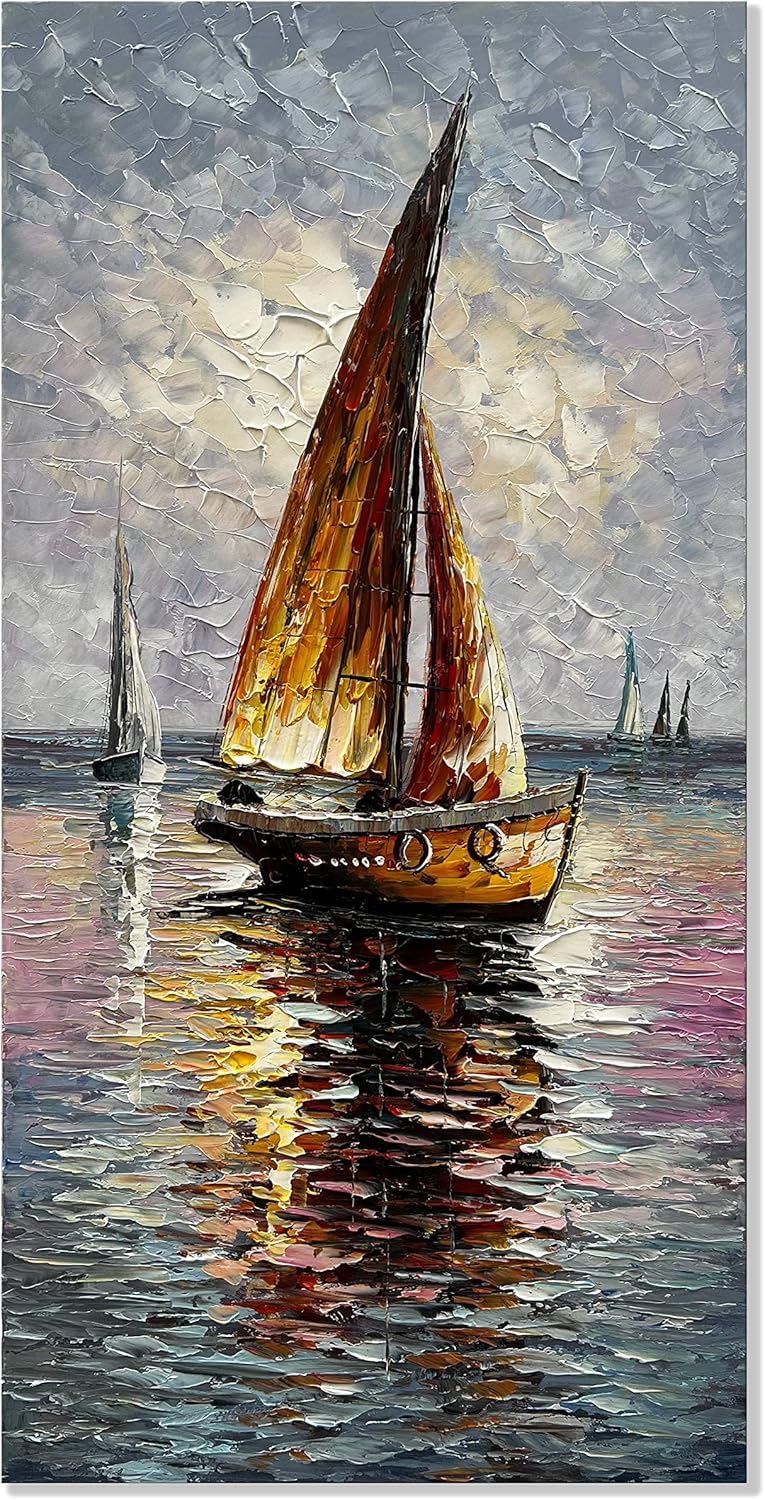 Paintings - zoinart Sailboat Oil Painting on Canvas Modern Abstract Vertical Wall Art Sailing Boat On The Sea Acrylic Artwork Living Room Bedroom Home Decor