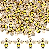 Junkin 100 Pcs Bee Charms Enamel Bee Pendants Honeybee Rhinestone Enamel Craft Embellishments for Halloween Jewelry Making DIY Handmade Nail Crafting Necklace Bracelet Earrings