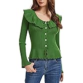 J.Corrine Women Cardigan Sweater Fall Pearl Button Down Ruffle Colar Cardigans Knit Open Front Sweaters Long Sleeve Tops
