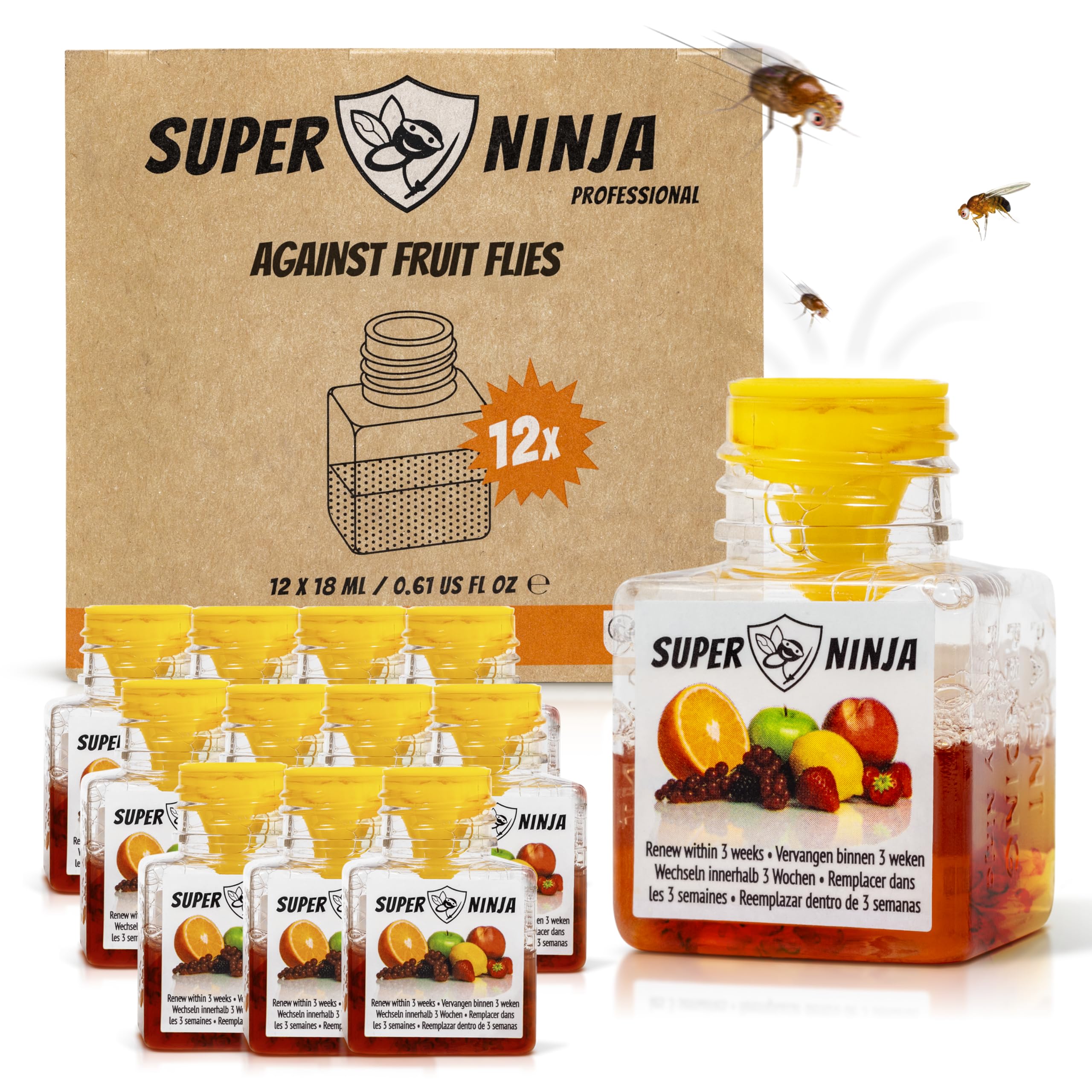 Super Ninja Fruit Fly Trap - 12 pack, Highly Effective Fruit Fly Killer for Home & Kitchen, Up to 3 Weeks of Performance per Bottle, Child & Pet Friendly