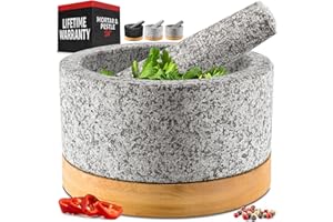 Heavy Duty Mortar and Pestle Set with Bamboo Base, Extra Large 4 Cups, 100% Natural Granite Mortar and Pestle Large Stone Gri