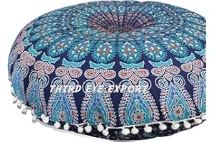 Third Eye Export Boho Room Decor Aesthetic: Vintage Indie Blue 32 Inches Indian Mandala Round Pillows Meditation Cushion Cover, Perfect for Cottagecore Hippie Room Decor (Blue 1)