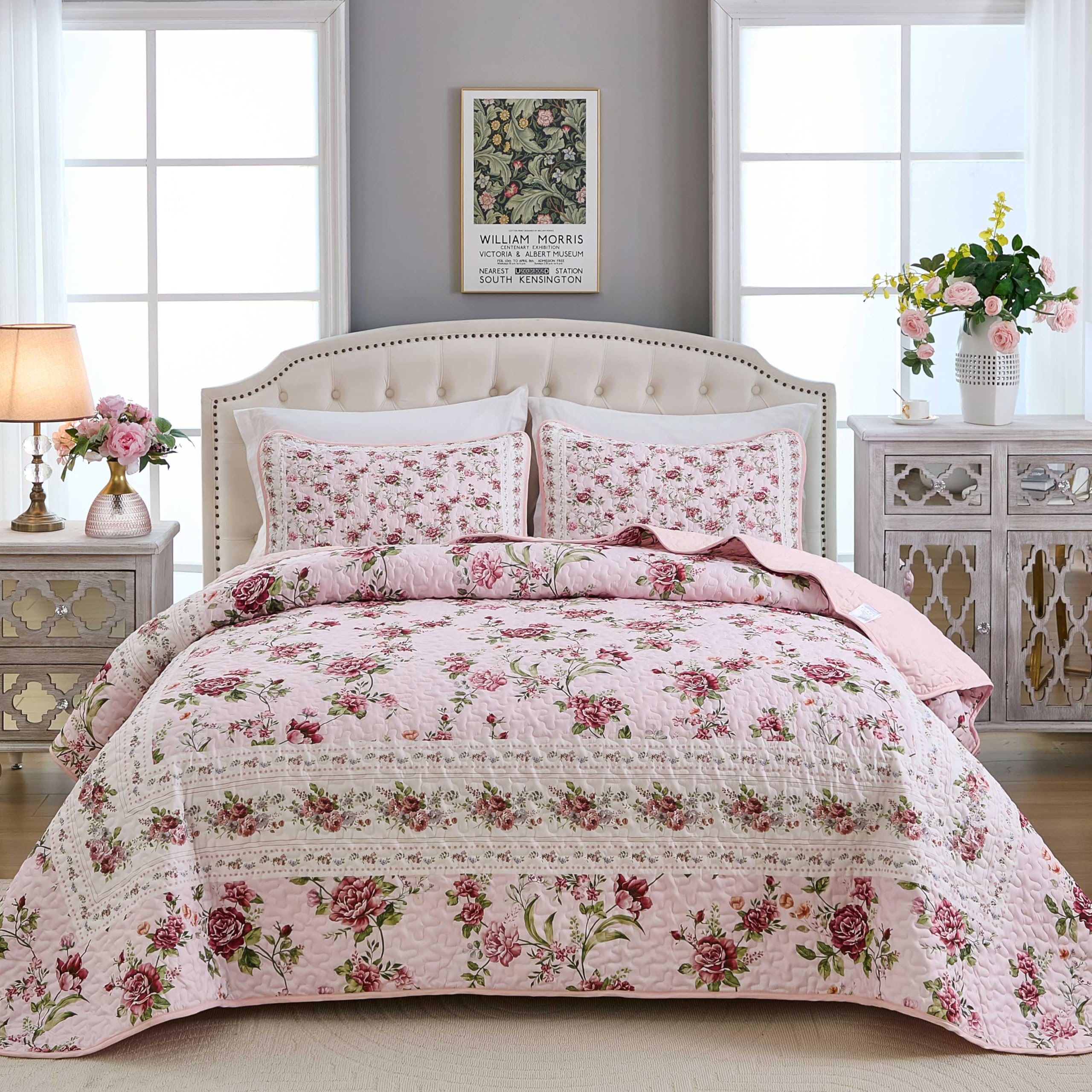 Photo 1 of Xruibed Floral Quilt Set King Size, 3PCs Antique Rose Pink Bedspread Coverlet Set, Lightweight Soft Microfiber Pink Quilt Set with 2 Pillowcases for All Season (King Size 110"x90")