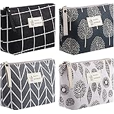 Boao 4 Pieces Canvas Makeup Bags Set Small Cosmetic Pouches for Purse with Zipper Multi Functional Toiletry Travel Case Organizer for Women Gift, 4 Styles(Small,Arrow, Plaid, Tree, Leave)
