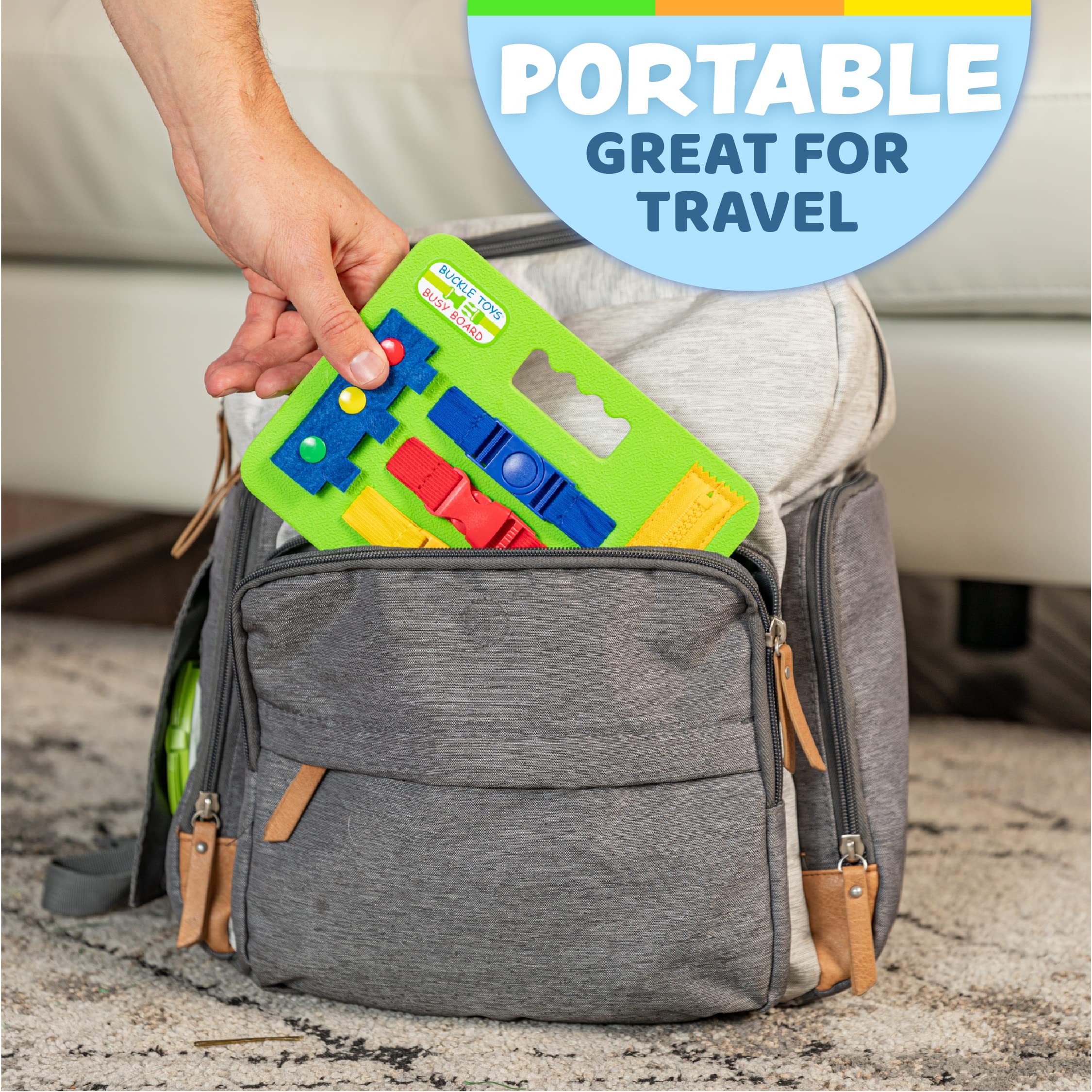 Buckle Toys Mini Busy Board - Montessori Learning Toy for Toddlers Great Kids Airplane Activies - Foam Sensory Board - Develop Fine Motor Skills - Green