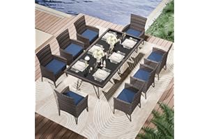 Kullavik 10-Piece Outdoor Dining Set Patio Rattan Furniture Set,Patio Dining Table and Chairs Set with 8 Chairs and Cushions,Square Glass Tabletop with Umbrella Hole for Patio,Backyard,Garden,NavyBlue