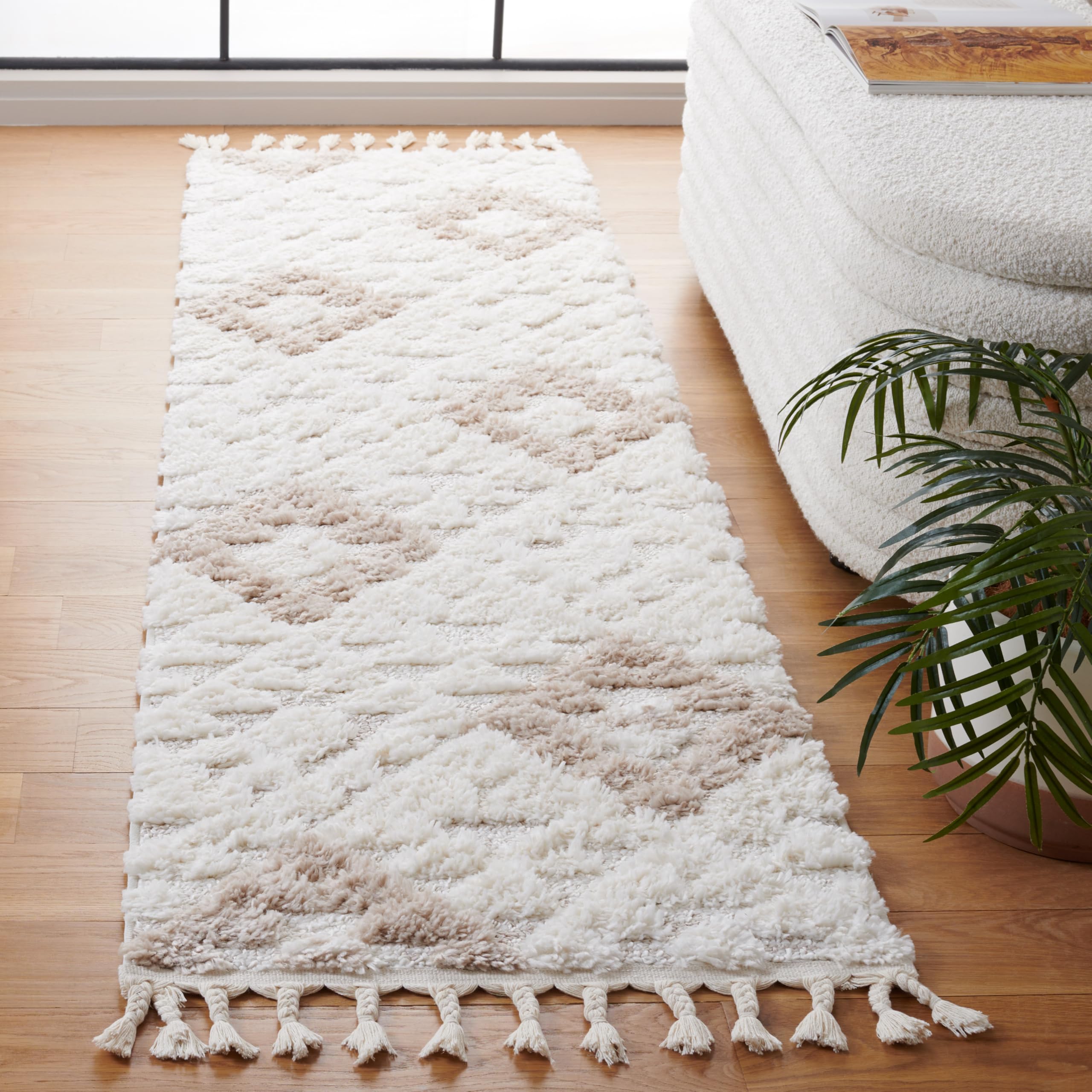 SAFAVIEH Moroccan Tassel Shag Collection Runner Rug - 2'3" x 14', Ivory & Beige, Non-Shedding & Easy to Clean, Plush High-Low Texture, Ideal for Hallway, Foyer, Entryway, Bedroom (MTS688B) Image