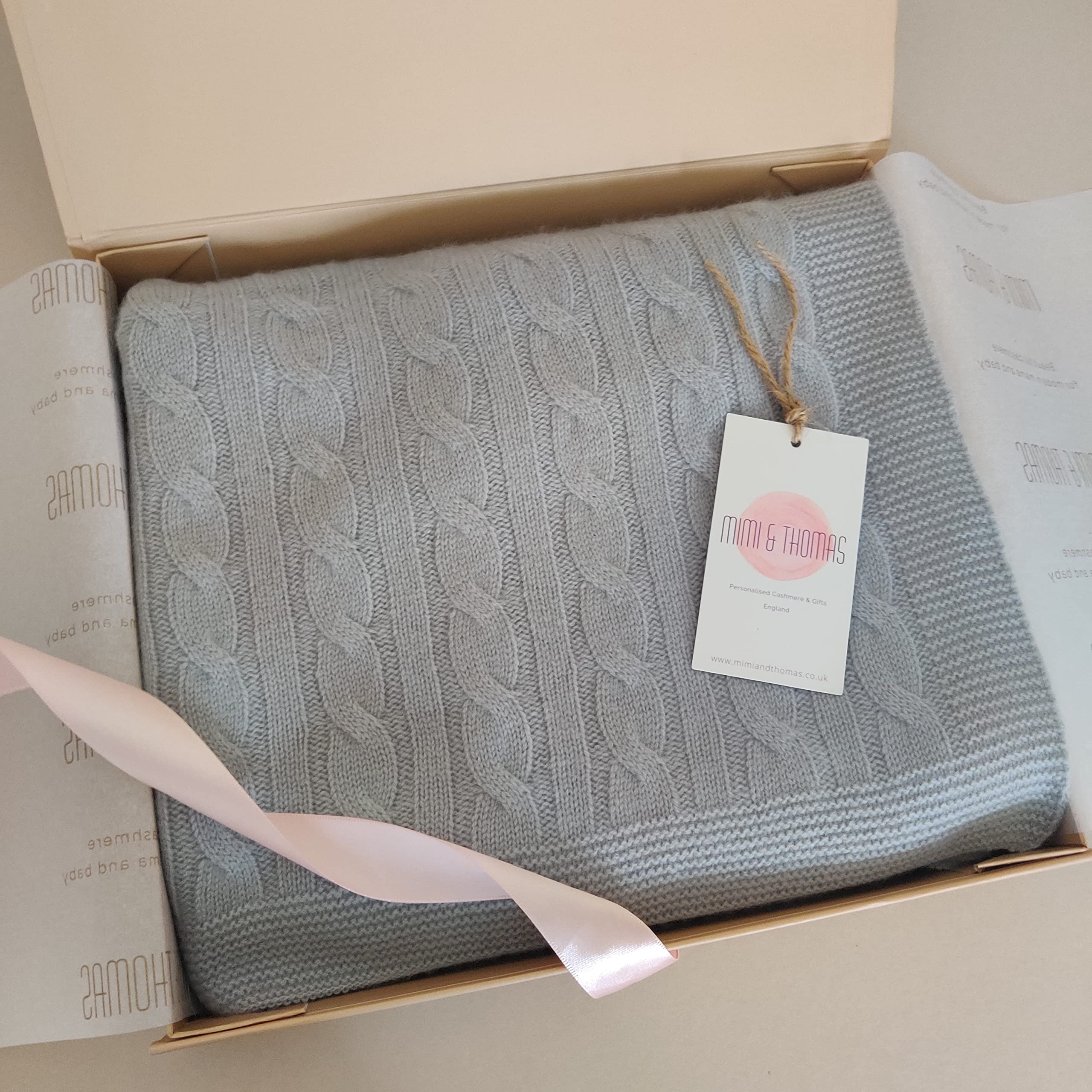 Mimi & Thomas 100% Cashmere Cable Knit Unisex Baby Blanket in Gift Box (Grey) — image 1