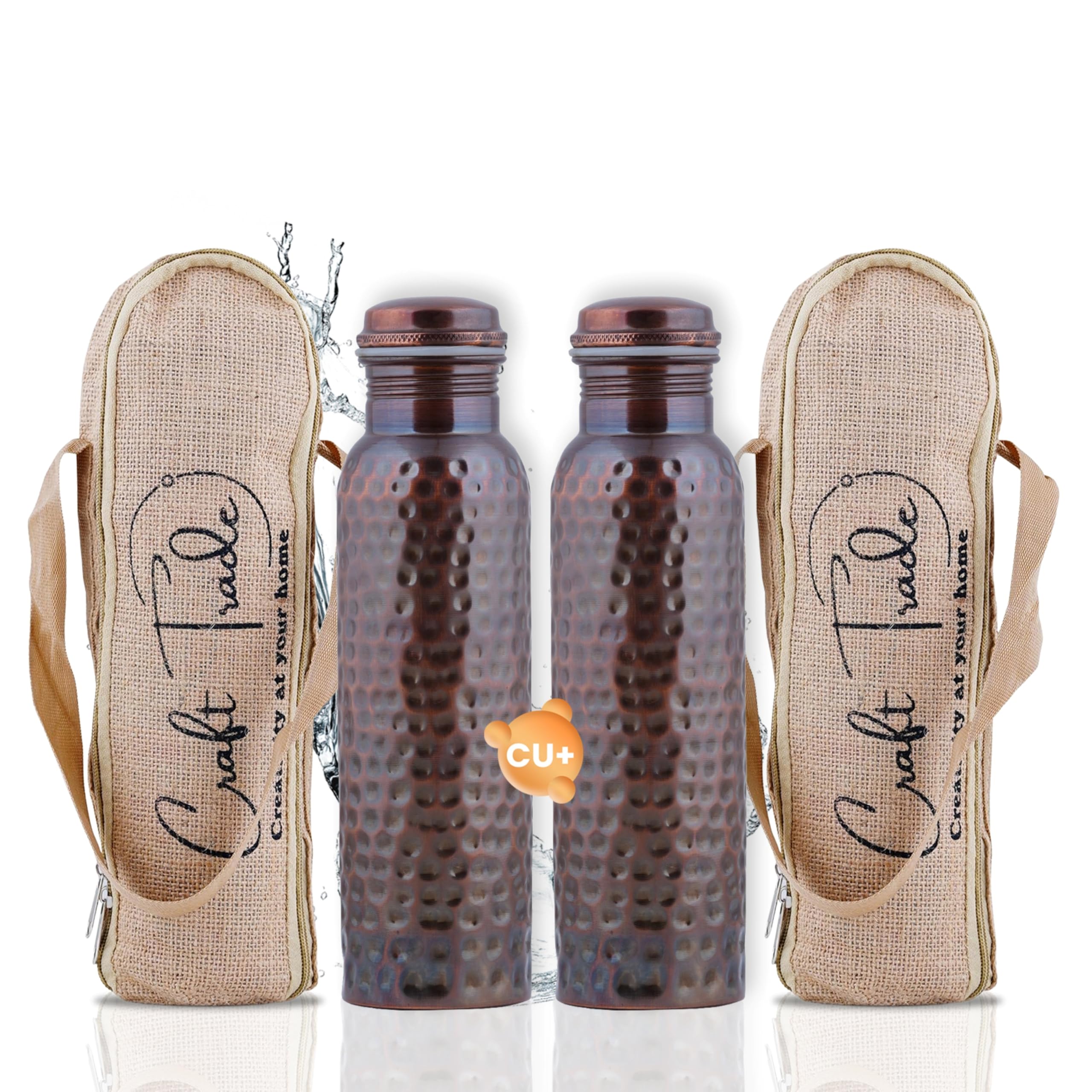 Craft Trade Pack of 2 Copper Water Bottle Pure Copper Bottle with Lid and Carry Bag Leak Proof BPA Free Hammered Drinking Bottle for Sport Fitness and Yoga - 1 Litre Black