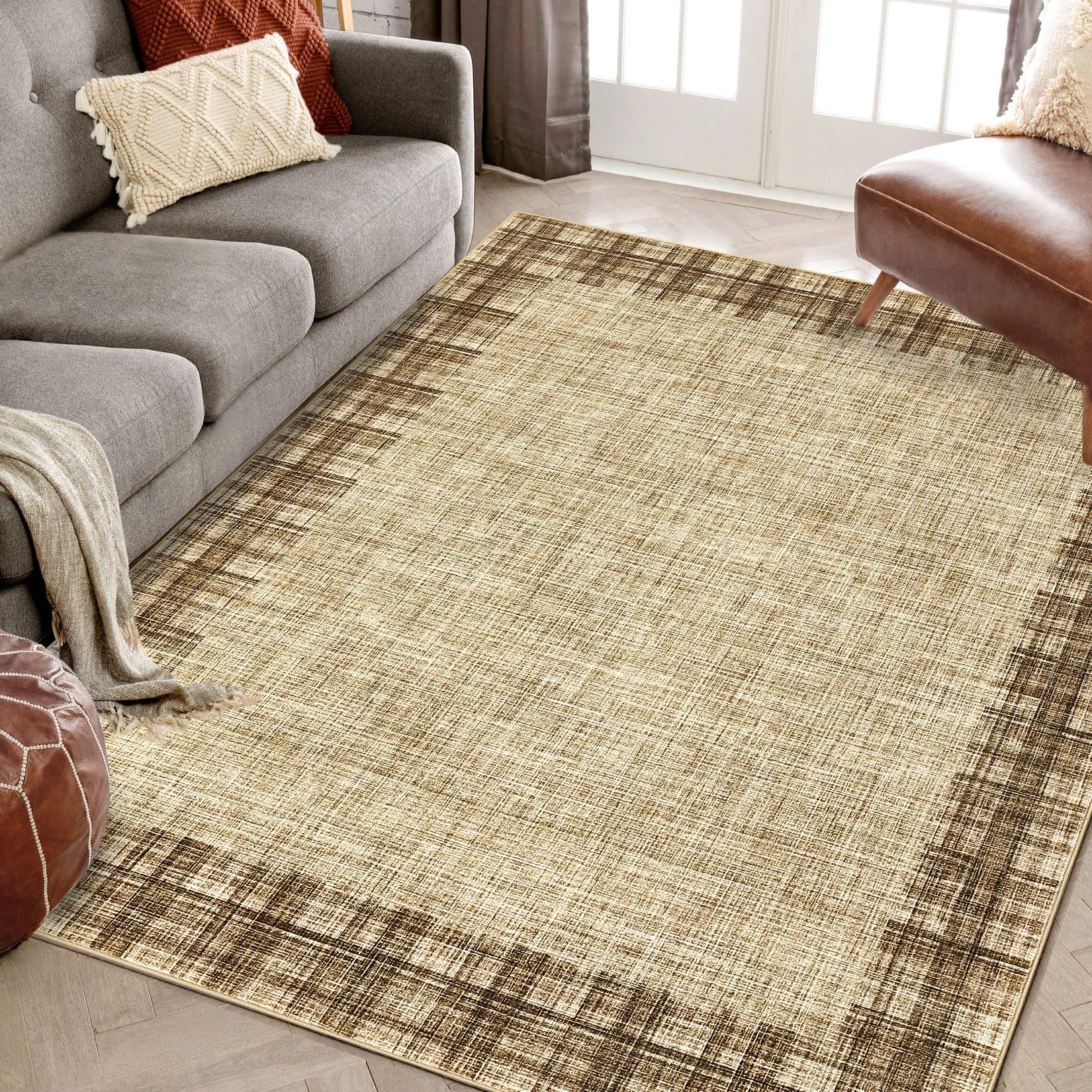 Photo 1 of GarveeHome Washable Area Rug 5x7 Plaid Rugs for Living Room Non Slip Throw Rugs Checkered Soft Rug Low Pile Thin Rug Indoor Floor Carpet for Bedroom Home Decor, Jute