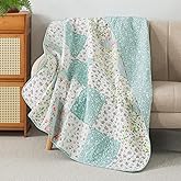 Soul & Lane Whispering Flowers 50" x 60" Cotton Quilted Throw Blanket, Floral Farmhouse Patchwork Throw Quilt for Couch, Lightweight Pieced Lap Quilt with Light Blue and White Flower Pattern