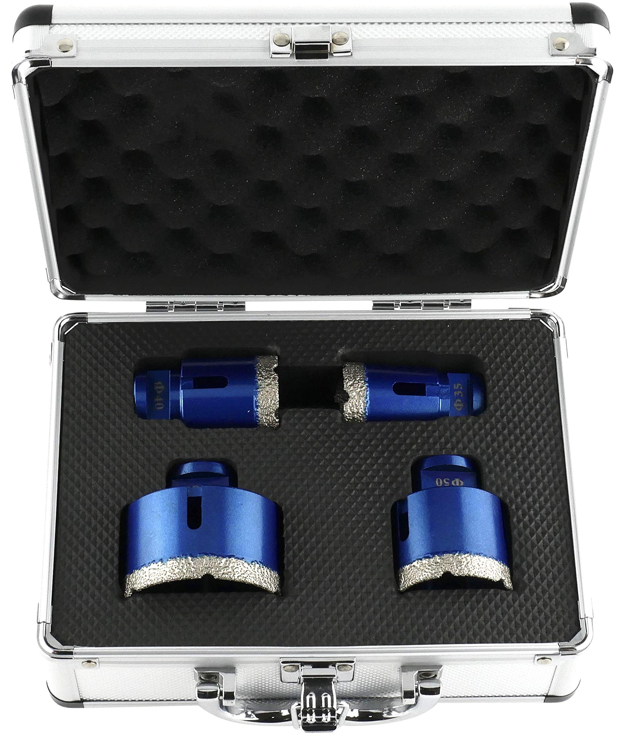 PRODIAMANT Professional Diamond Drill bit Set 4 Pieces (35 mm, 40 mm, 50 mm, 68 mm x M14) in Sturdy Aluminum case Diamond Tile Drill Set 35mm, 40mm, 50mm, 68mm