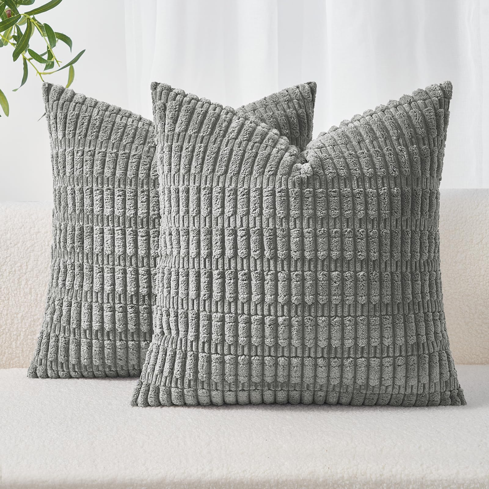 Topfinel Grey Cushion Covers 40cm x 40cm,Corduroy Decorative Fluffy Pillows Cases,Cushions Cover 16x16 inches with Invisible Zipper for Sofa Bed Livingroom Bedroom,Pack of 2 — image 1
