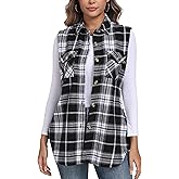 MoFiz Womens Long Flannel Plaid Vest Fall Winter Button Down Sleeveless Shacket Shirt Cardigan Coat With Pockets