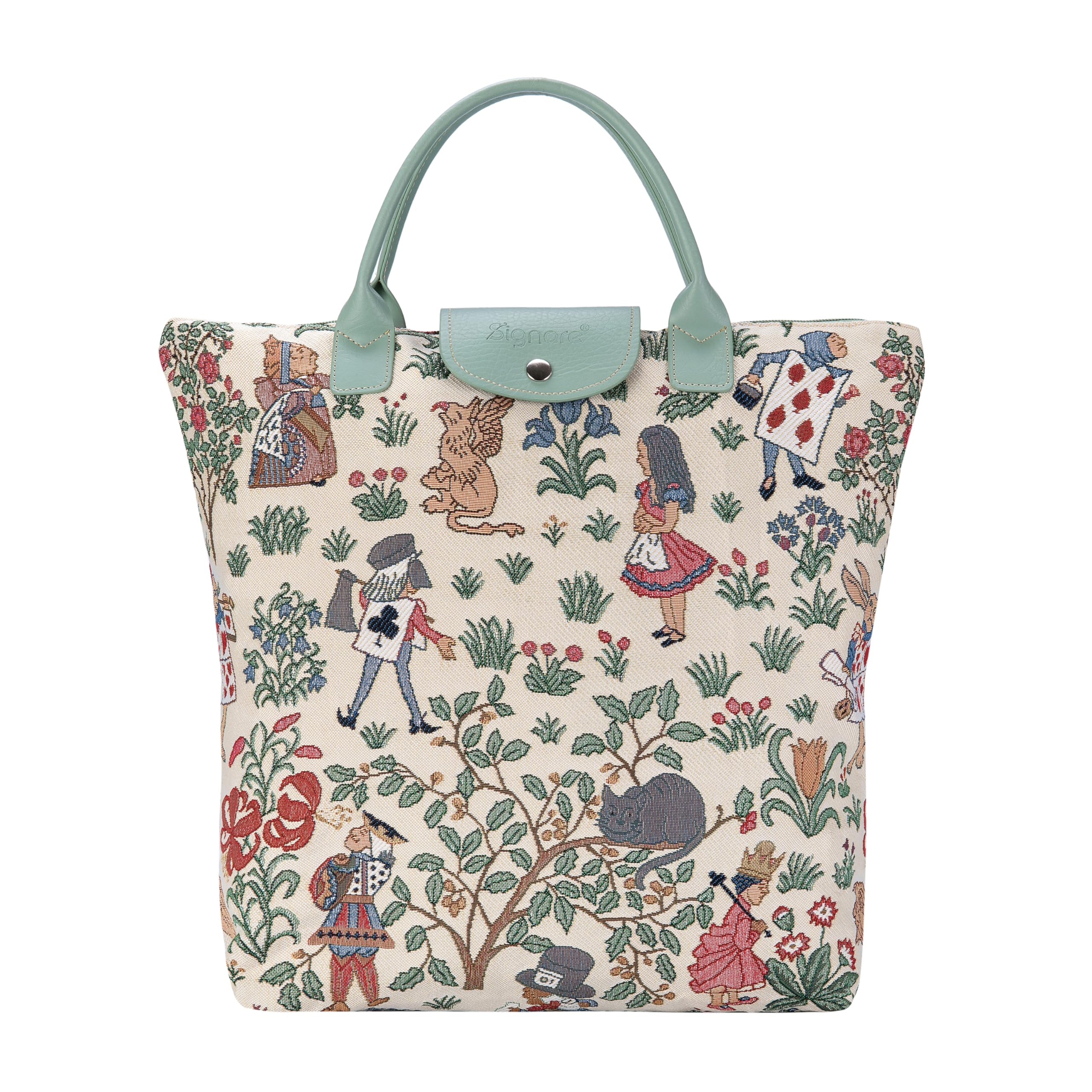 Signare Tapestry Foldable Tote Bag Reusable Shopping Bag Grocery Bag with Garden Flower and Creatures (Alice in Wonderland, FDAW-ALICE)
